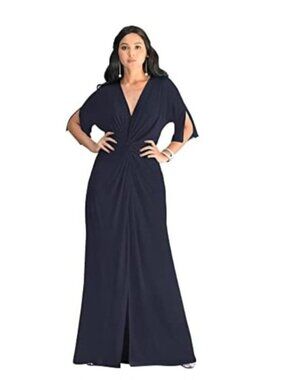 Koh Koh Womens Med Navy Blue V-Neck Short Sleeve Maxi Dress Twist Front Elegant